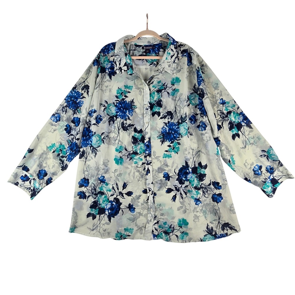 Roamans Floral Button Down Shirt Women 32W Blue Teal Long Sleeve Plus Size Sheer